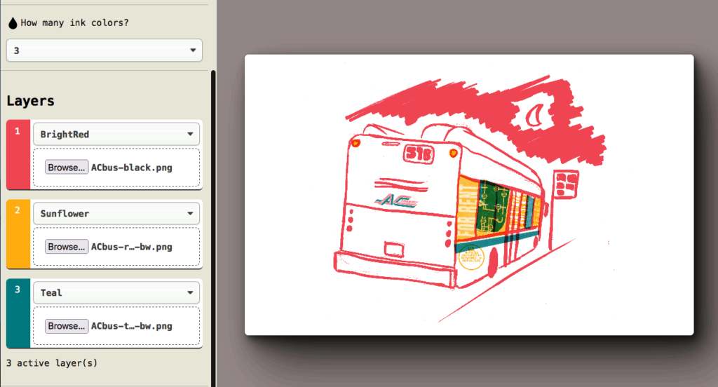 Screenshot of 3-color print preview of a bus