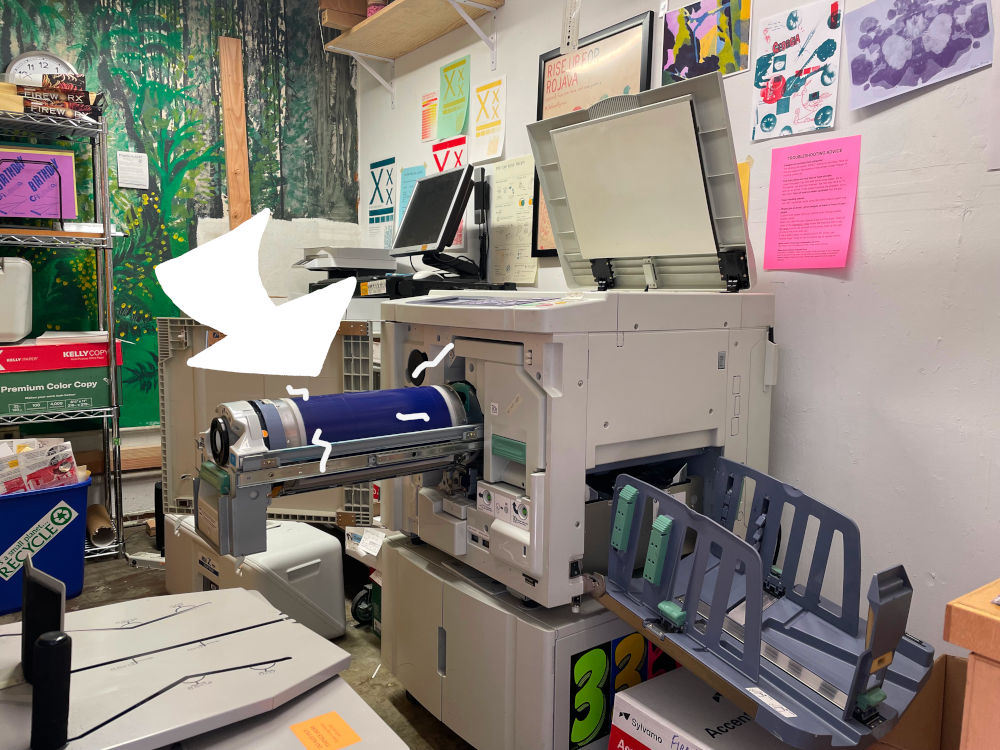 Printing studio with Riso machine & blue ink drum