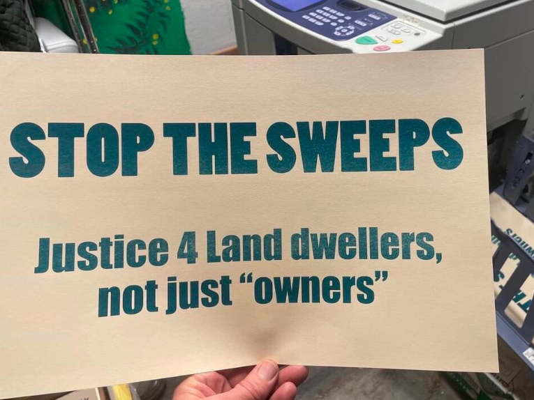 Poster saying "Stop the Sweeps"